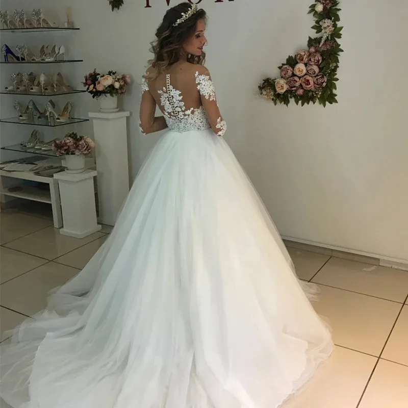 Vestido De Noiva свадебное платье с длинными рукавами, бальное платье, свадебные платья, Тюлевое платье невесты с аппликацией