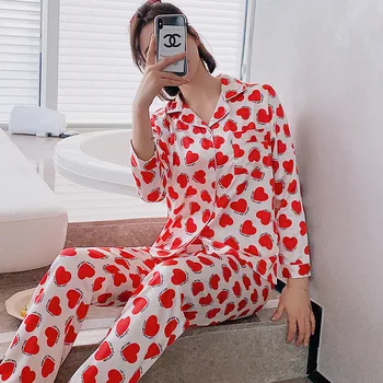 

Women 2PCS Faux Silk Pajama Suit Sweet Heart Letter Print Home Wear Full Sleeve Pyjama Spring Autumn New Shirt&Pant Nightwear