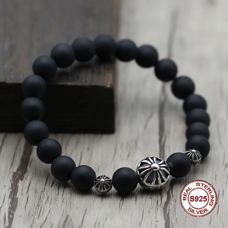 

S925 Sterling Silver Handle Obsidian Cross Personality retro couple models Classic punk style Send a gift to love