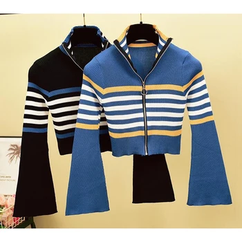 

J.DeL'or women's croptop zipper front long stripe long sleeve sweater