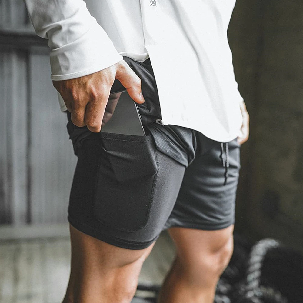 

Men 2 In 1 Running Shorts Quick Drying Gym Training Cycling Workout Active Shorts 4 Pocket Exercise Jogging Polyester Ball Games