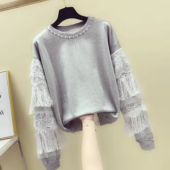 

Fashion Hoody Wild Women's Round Neck Sweatshirts 2019 Autumn and Winter New Korean Style Sweatshirts Tassel Casual Tops Female