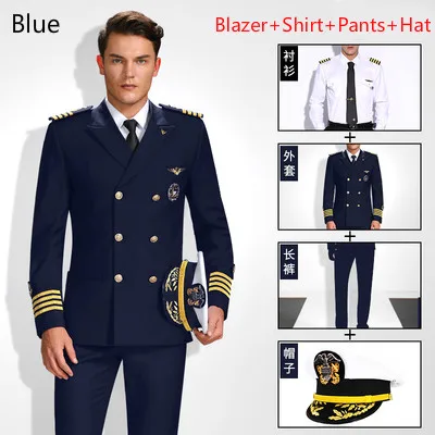 Blue 4 Sets Американский военно-морской флот Униформа полковника комплекты Для мужчин платье яхта капитанская форма Для мужчин s военно-морской флот Admiral одежда авиационная форма костюм костюмы - Цвет: Blue 4 Sets