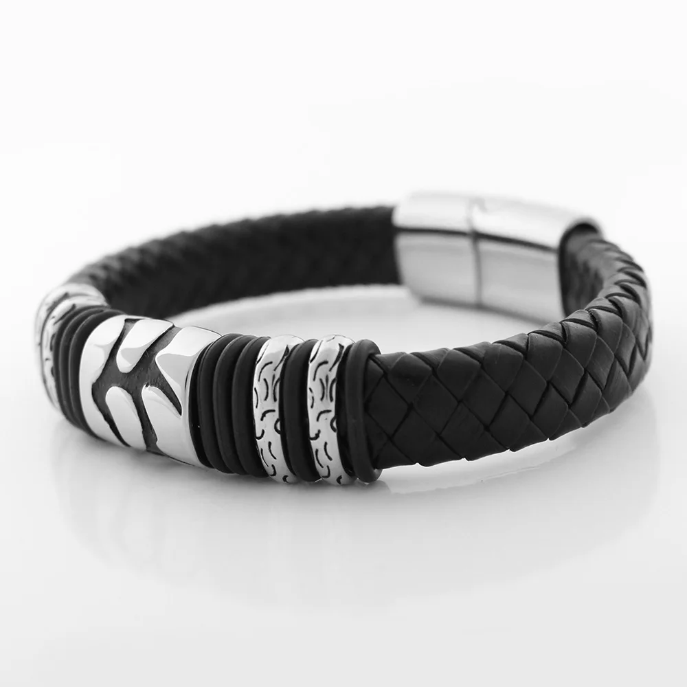 12MM Wide Braided Retro Genuine Leather Bracelet For Men Stainless steel Crack Bead Bracelets with Magnet Clasp