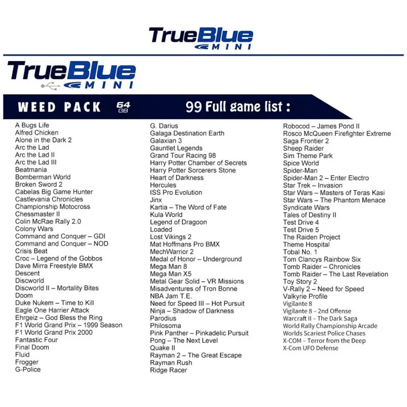 True Blue Mini-Weed Pack 101 игр 2-плеер(64 ГБ) Plug And Play плагин для playstation Classic