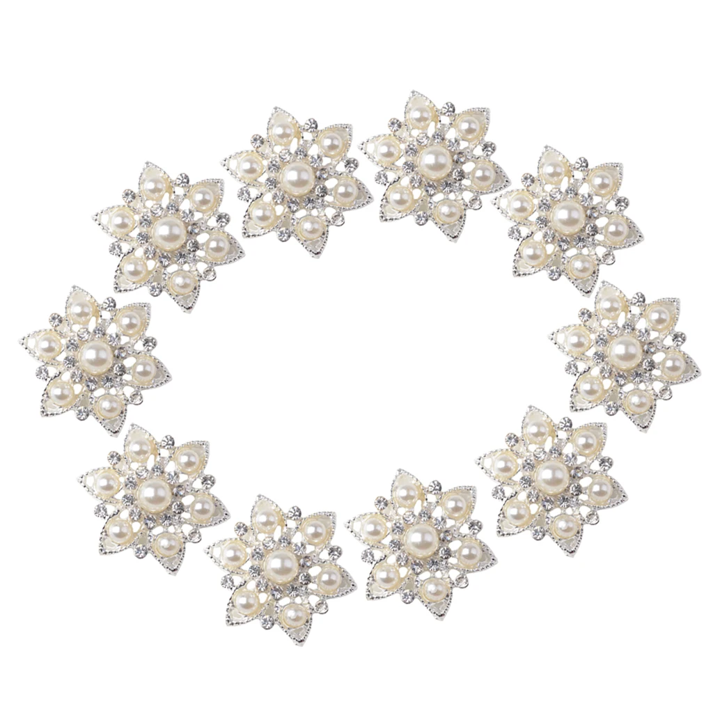 10pcs Flower Rhinestone Crystal Pearl Embellishment Buttons Flatback White 
