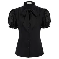 Fashion Shirts Summer Ladies Vintage Women Bow-Knot Decorated Short Sleeve Stand Collar Tops Solid Elegant Slim Party Office OL 1