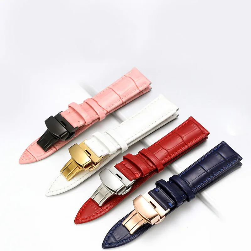 

Top Layer Slub Pattern Men and Women Color Cowhide Leather WatchStrap High Quality Double Click Folding Clasps Strap Accessories