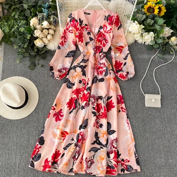 

Spring Autumn Vintage Print Dresses Women Elegant V-neck Single Breasted Pullover Long Dress High waist Lantern Sleeve vestidos