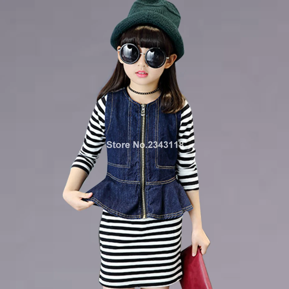 

Autumn Children's Clothing For Girls Striped Dress+denim Vest Spring Kids Clothing Teenage Girls Clothes For 6 8 12 Years
