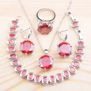 

Round Design For Women Jewelry Sets Red Zirconia Bracelet Silver Color Necklace And Earrings Ring Set QS0107