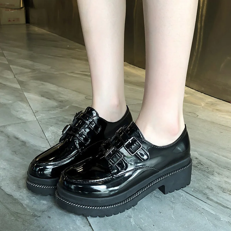 

Rimocy patent leather loafers women flats 2019 autumn platform round toe buckle casual shoes woman designer elegant flat shoes