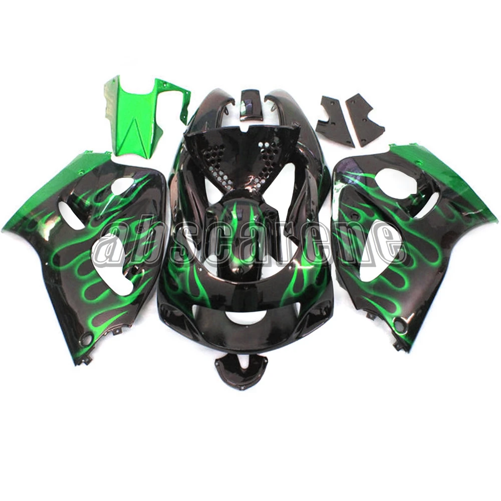 Полный комплект обтекателей для мотоцикла Suzuki GSXR600 GSXR750 1996 1997 1998 1999 96 97 98 ABS пластик Кузов черный с зеленым пламенем
