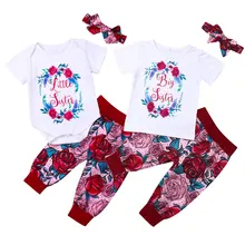 Новая одежда для малышей Детская одежда для девочек комплект для маленьких девочек Ползунки с надписью Sister «Big Sister»(«старшая сестра»); футболки с цветочным узором для девочек, летнее вечернее платье
