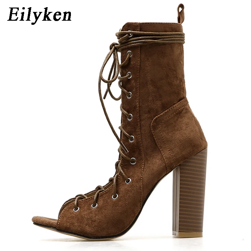 Brown Eilyen/Новинка года; римские сандалии-гладиаторы; модные ботинки с леопардовым принтом, с открытым носком, с перекрестными ремешками, на шнуровке, на толстом каблуке - Цвет: Brown