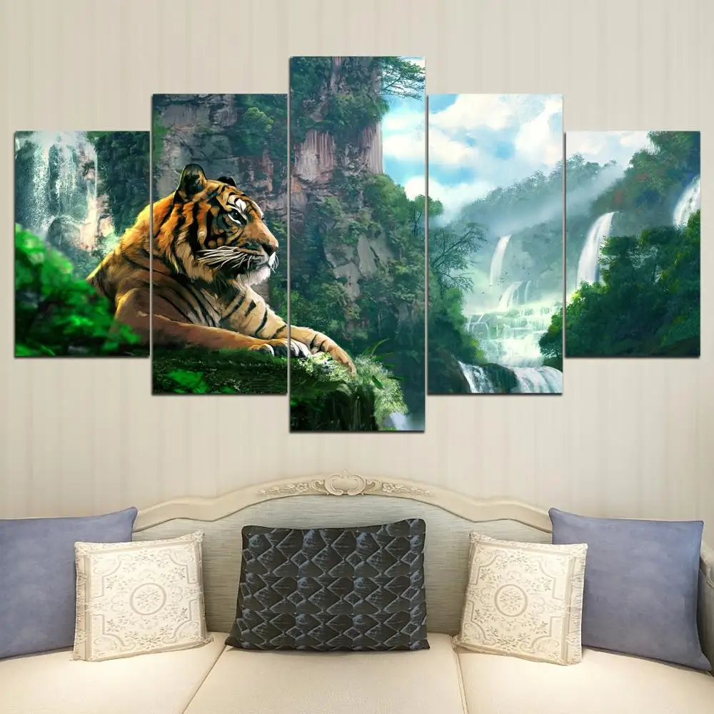 

Living Room HD Printed Poster Modern Wall Art Painting 5 Panel Tiger And Mountain Waterfall Home Decoration Pictures Framework