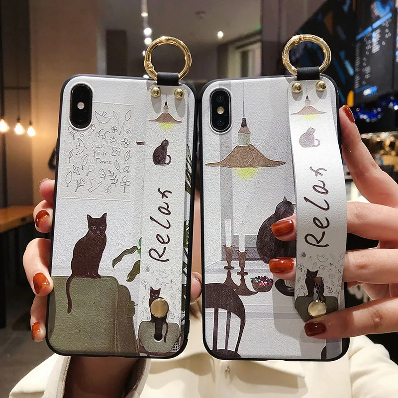 Cartoon Cute Cat Wrist Strap Soft Phone Case For iphone 13 11 12