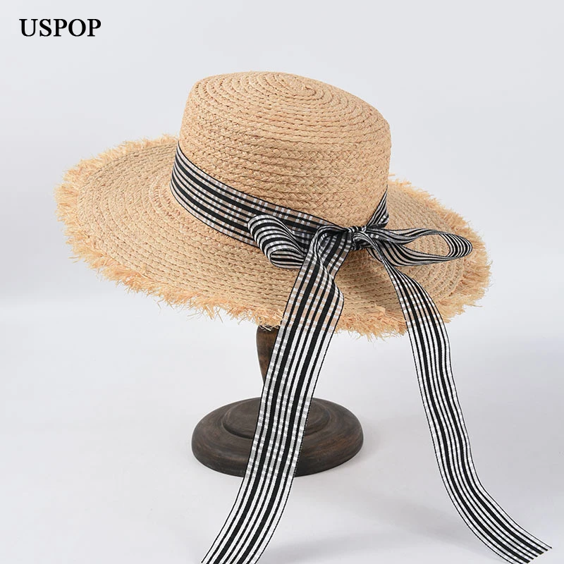 

USPOP 2020 Summer new sun hats plaid bow raffia straw hats wide brim flat beach hat