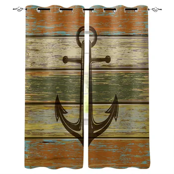

Vintage Wooden Board Texture With Anchor Window Curtains LivingRoom Kitchen Curtains Left and Right Biparting Open