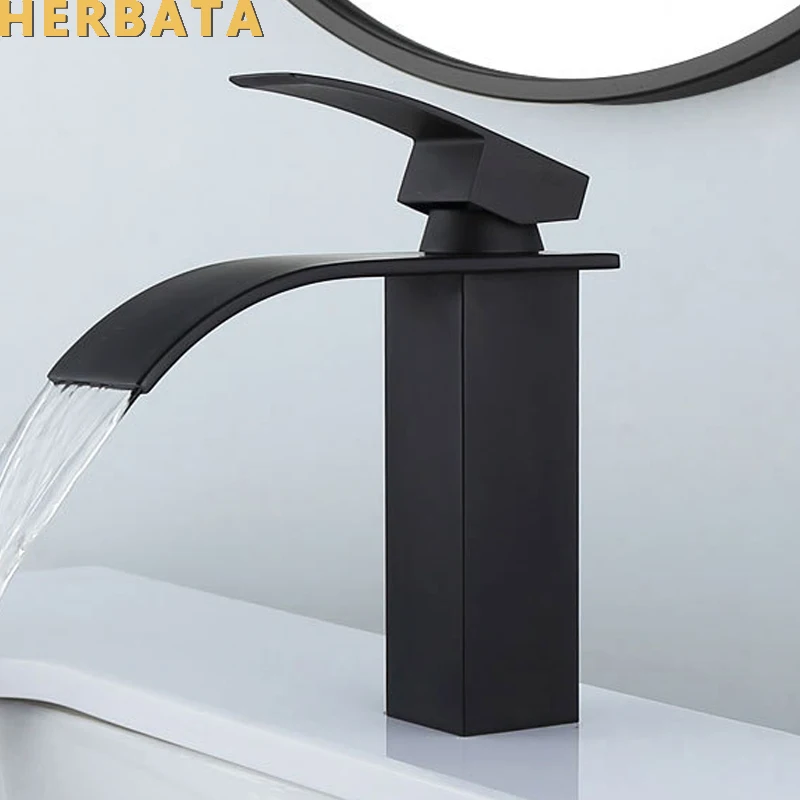 Black Plated Brass Waterfall Bathroom Basin Faucet Square Vanity Sink Mixer Hot & Cold Lavotory Tap Single Handle YT-5023-H