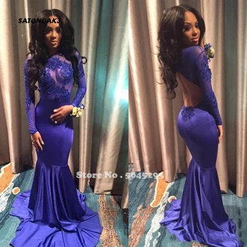 

SATONOAKI 2019 Sexy New Appliques Lace Backless Mermaid Prom Dress Illusion South African Long Graduation Evening Party Gown