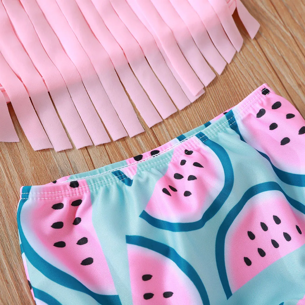 Детская одежда для купания для девочек; Новинка; короткий летний купальный костюм с кисточками и принтом арбуза; детский купальный костюм; бикини; одежда для купания