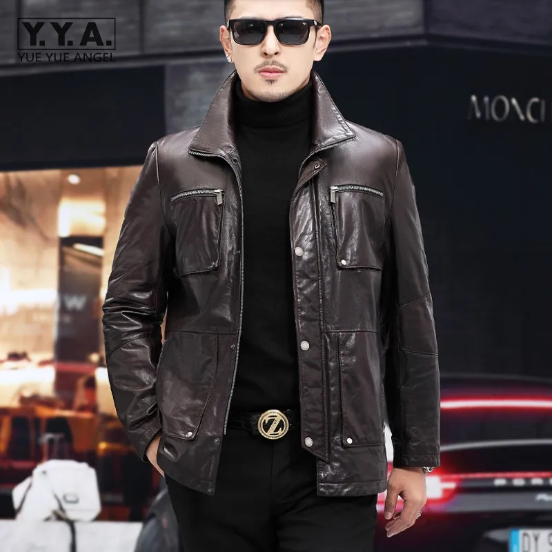 爆買い メンズヴィンテージスタイルのレザージャケット 複数のポケット ストレートフィット パンクスタンドカラー ショートコート シープスキン アウターウェア 売り切れ Signature Johaness Com