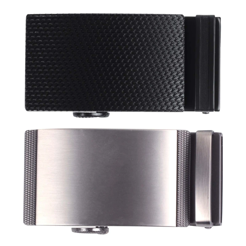 

2Pcs Men's Solid Buckle Automatic Ratchet Leather Belt Buckle with 2 Bar Stripes-Silver with Twill-Black