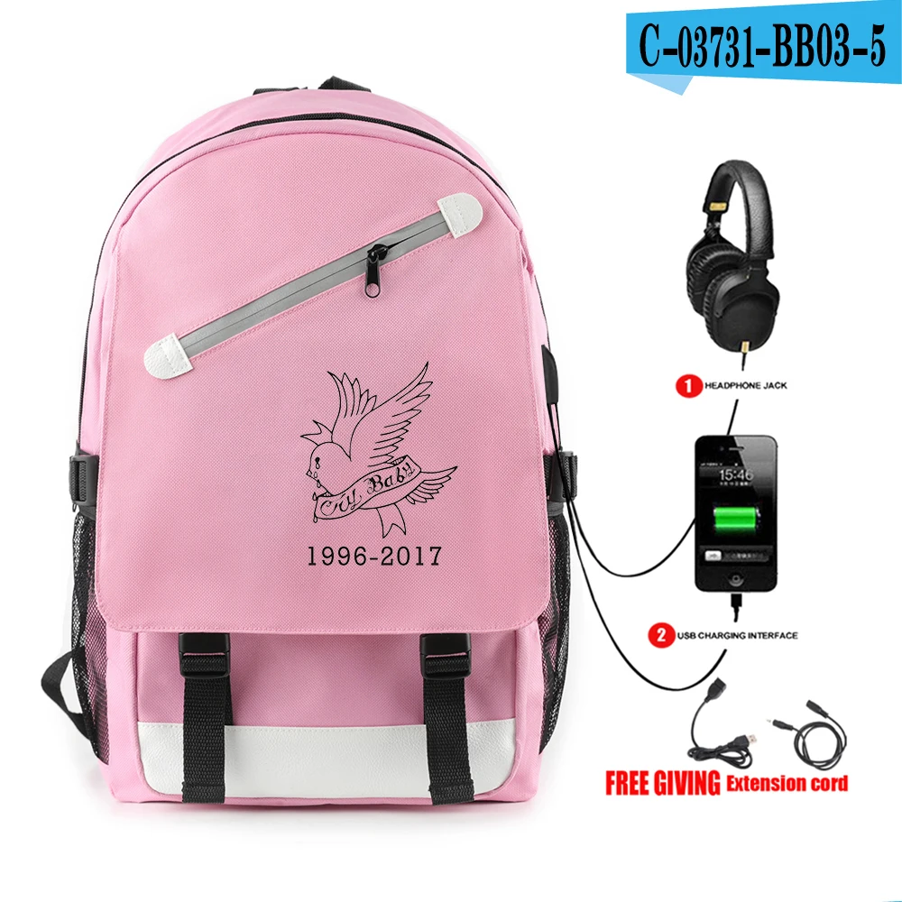 Kpop lil peep Rugzak met Usb-poort Opladen en Lock& Hoofdtelefoon interface для студентов Werk tas schooltas tas - Цвет: pink