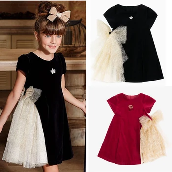 

bobomoon 2020 Spring summer girls wine red gold mesh gauze stitching bow puffy princess dress christmas dress girl thanksgiving