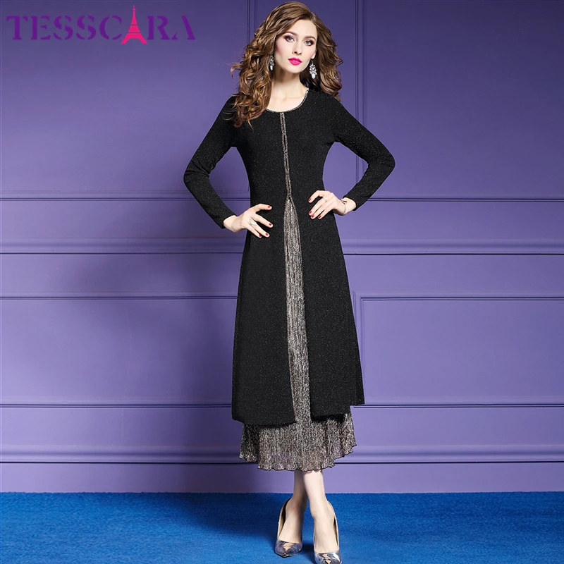 Женское длинное платье TESSCARA Осеннее дизайнерское коктейльное ретро трикотажное