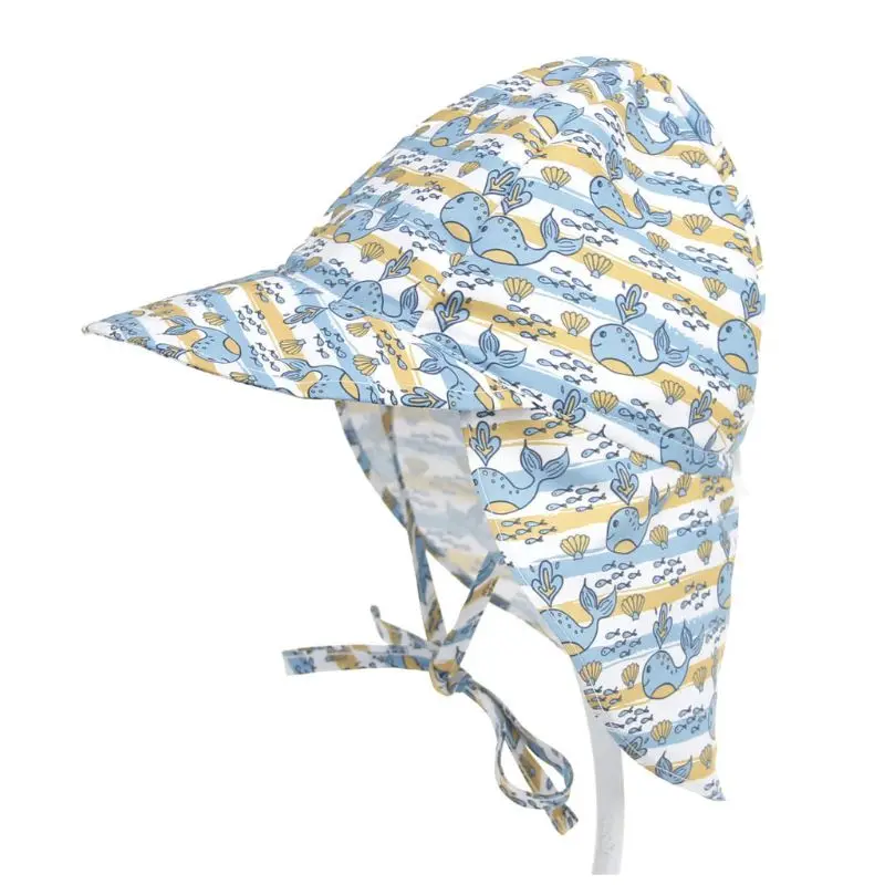 Summer Toddler Kids Baby UV Protection Swim Beach Hat Cute Cartoon Whale Floral Print Adjustable Outdoor Sun Cap With Neck Flap
