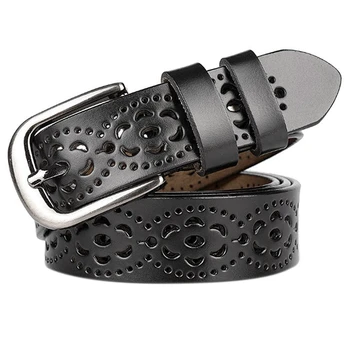 

AUAU-Women's Belt Hollow Flower Belt Retro Denim Western Design Alloy Buckle