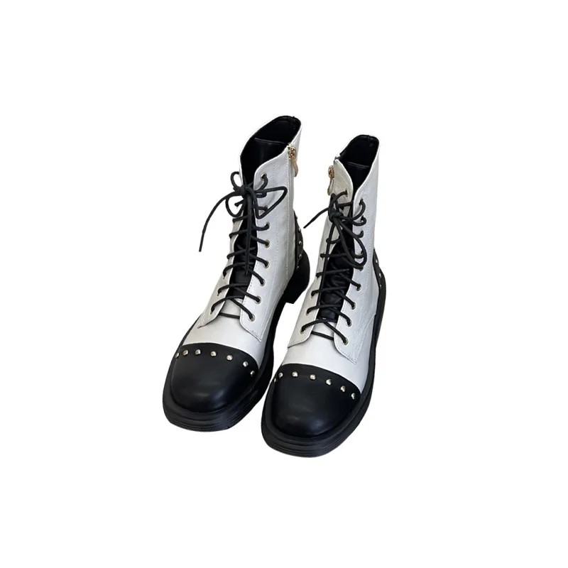 

Women Side Zip Ankle Boots White Black Punk Lace up Horse Riding Shoes Motorcycle Footwear Rivets z892