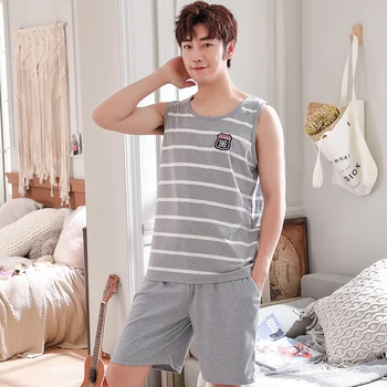 

6535 Cotton Boy Male Vest & Pants Pajamas Man's Sleepwear Nightwear Oneck Cozy Loose Sleeveless Vest Pyjamas Undershirt Jams HDE