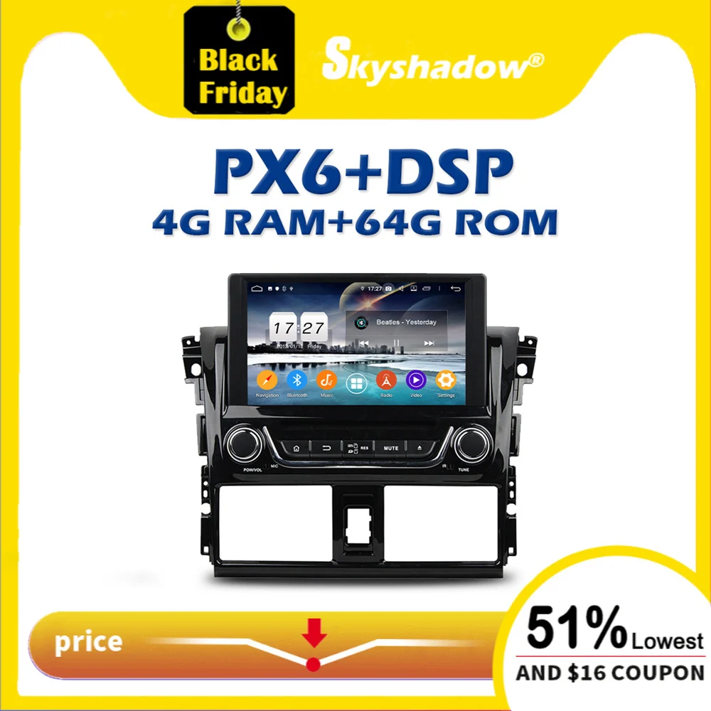 Автомобильный DVD плеер PX6 DSP Android 9. 0 4G + 64GB IPS Wifi Bluetooth 10 RDS радио GPS карта для Toyota VIOS YARIS