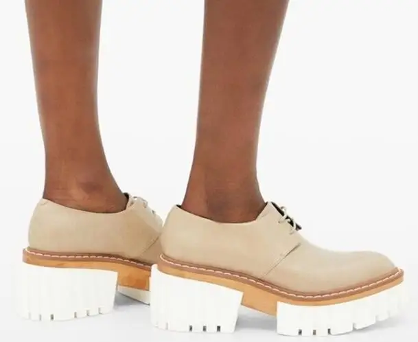 

Black White Beige Red Soft Leather British Lace Up Thick Sole Pumps Woman Round Toe Platform 66 mm Chunky Heels Loafers Shoes