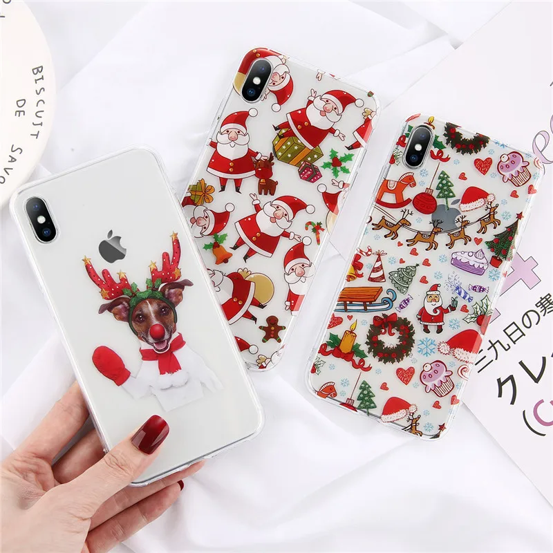 

Christmas Cartoon Elk Phone Case For iPhone X XR XS Max Cute Santa Transparent IMD Case For iPhone 6 6s 7 8 Plus Cover Back Case
