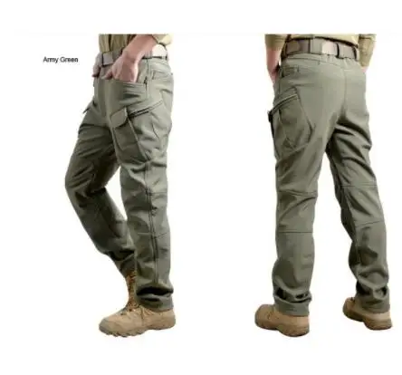 Мужские зимние водонепроницаемые тактические софтшелл из кожи акулы, Походные Военные брюки, мужские армейские брюки для охоты, походов, флисовые брюки - Цвет: Army green
