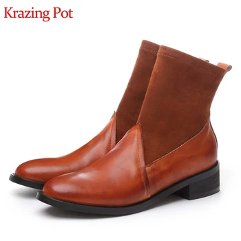 

Krazing pot 2019 genuine leather flock winter round toe med heels motorcycle boots slip on vintage retro stretch ankle boots l38