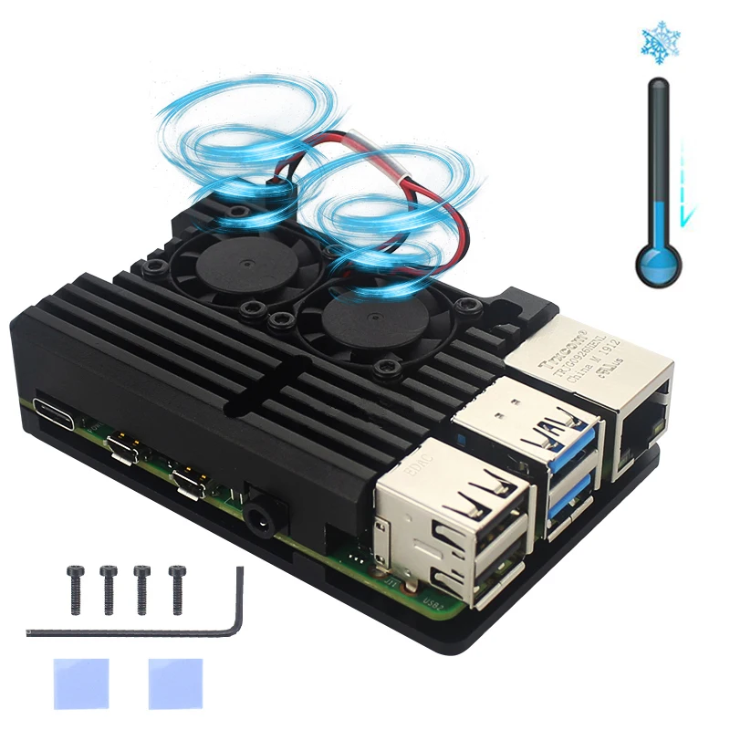 Raspberry Pi 3 Model B+ алюминиевый чехол с двойным охлаждающим вентилятором металлический корпус черный корпус для Raspberry Pi 3 Model B