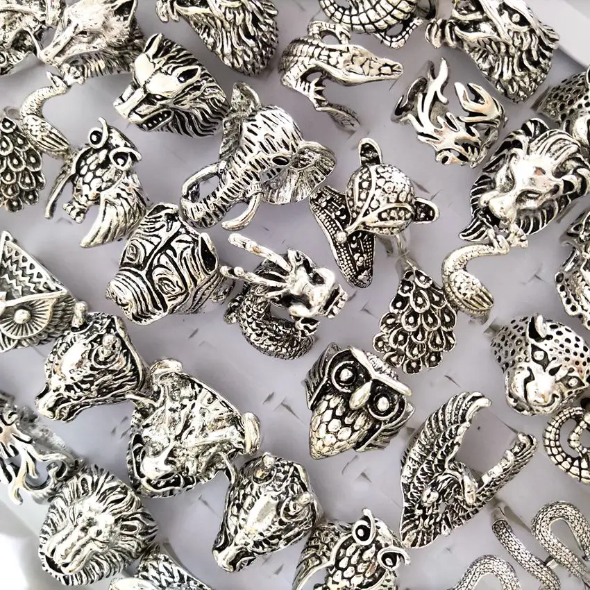 Bulk lots 50pcs Animal Mix Ring Men's Punk Rocker Skull Ring Snake Lion Leopard Dragon Elephant Owl Gecko Eagle Rings Man Gift 3