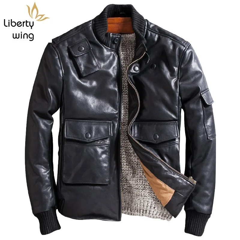 

Men Genuine Sheepskin Jacket Brand Casual Winter Thicken Down Coats Fashion Streetwear Black Motorcycle Real Leather Jackets