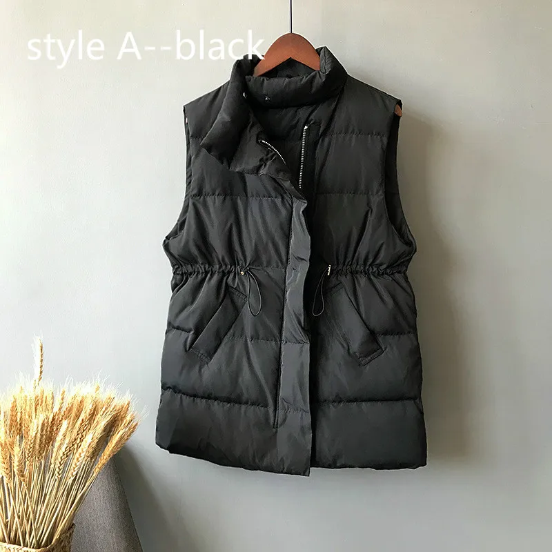 style A--black Зимний Длинный жилет без рукавов, Женское пальто со стоячим воротником, тонкая хлопковая стеганая куртка, жилеты, корейская мода, куртка на молнии, женский жилет - Color: style A--black