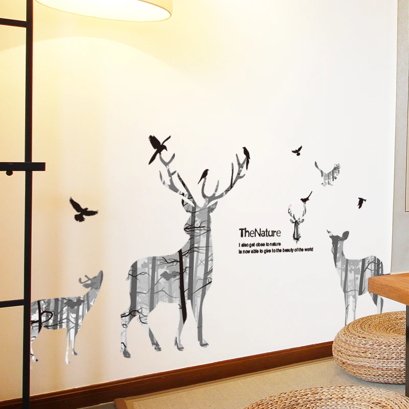 [SHIJUEHEZI] мультфильм лес олень птицы настенные стикеры DIY животные обои наклейки для детской комнаты украшение стеклянных окон в спальне