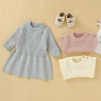 

Baby Girls Knitted Dress Spring Autumn Toddlers Sweet Style Solid Color Long Sleeve Princess Skirt for Vacation Travel 3-18M