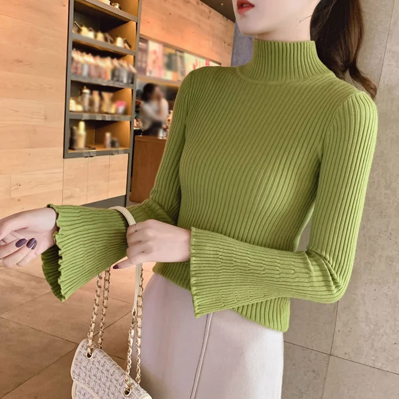 Women Sweater Turtleneck Solid Color Knitted Pullovers Tops Fashion Flare Sleeve Temperament Winter Clothes Casual Sweaters