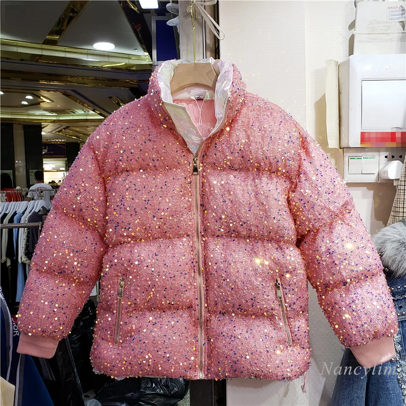 

2020 Winter Bread Coat for Woman Down Cotton-Padded Embroidery Sequins Loose Short Female Parka Girls Students Warm Overcoat