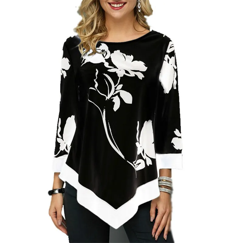 4XL Plus Size Women Blouses 2019 Autumn Tops Casual Long Sleeve Print Lace Patchwork Shirt Lady Irregular Blouse Large Size 5XL