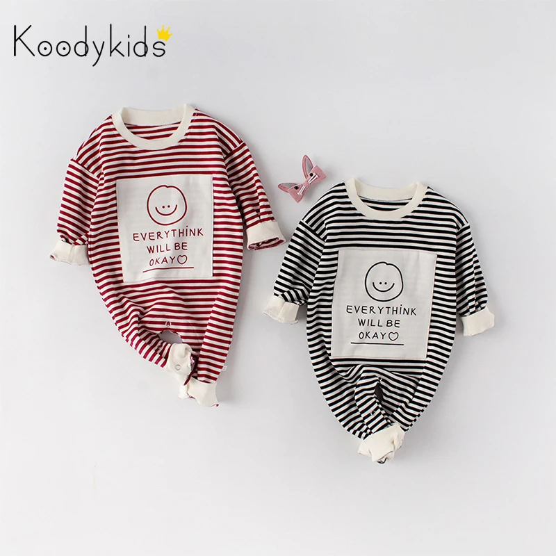 Koodykids/Новинка г.; комбинезон в полоску для маленьких девочек и мальчиков; детская модная одежда; весенние Комбинезоны для маленьких мальчиков; Осенняя модная Милая одежда для малышей